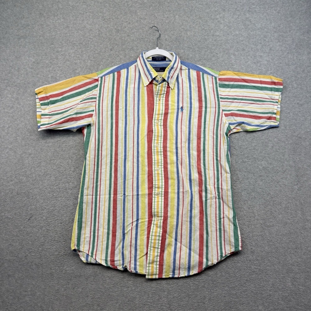 Vintage Polo Ralph Lauren Shirt Mens Striped Linen Ramie Colorful 80s Beach L